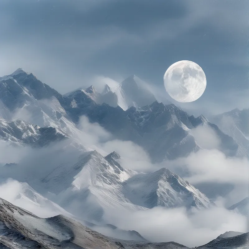 Snow covered mountain peaks emerge from swirling mist beneath a large bright moon in a cloudy sky.