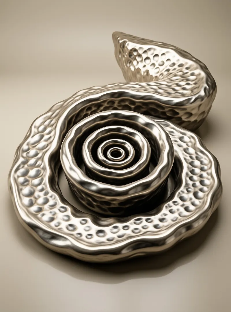A polished metallic snake with a scaled body coils into a spiral vortex against a warm beige studio backdrop.