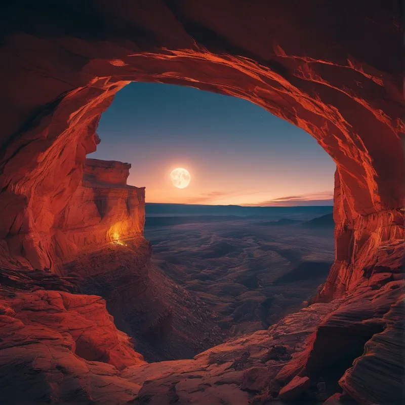 A massive red sandstone arch frames a distant desert plain under a twilight sky with a bright full moon.