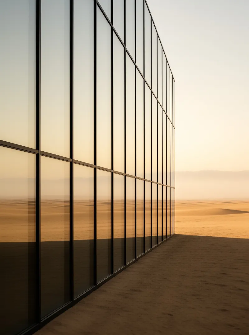 A modern glass wall reflects golden desert dunes and distant mountains under a hazy sky.