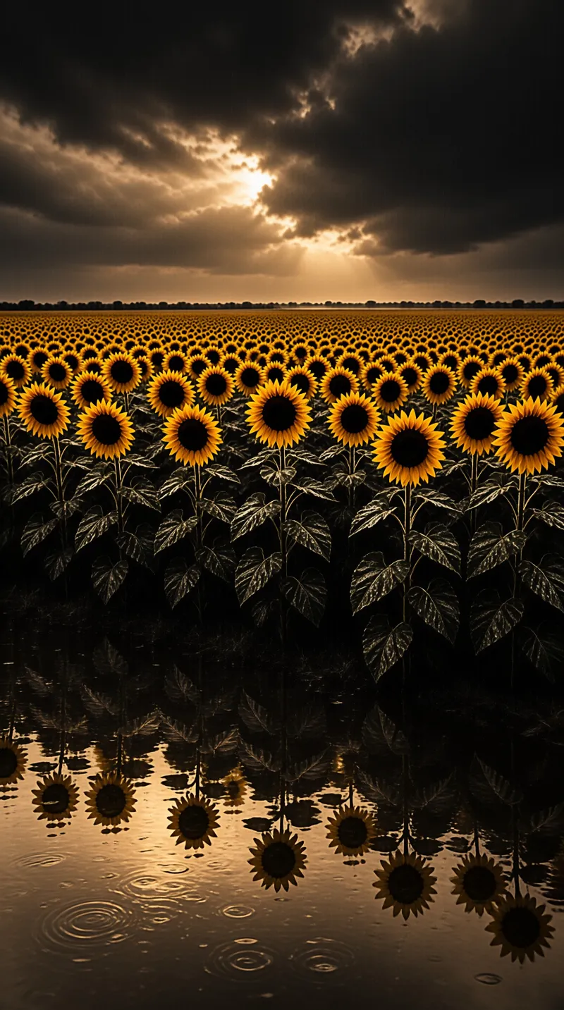 Sunflowers fill a field under a dramatic sky with sunlight breaking through clouds and reflecting in water.
