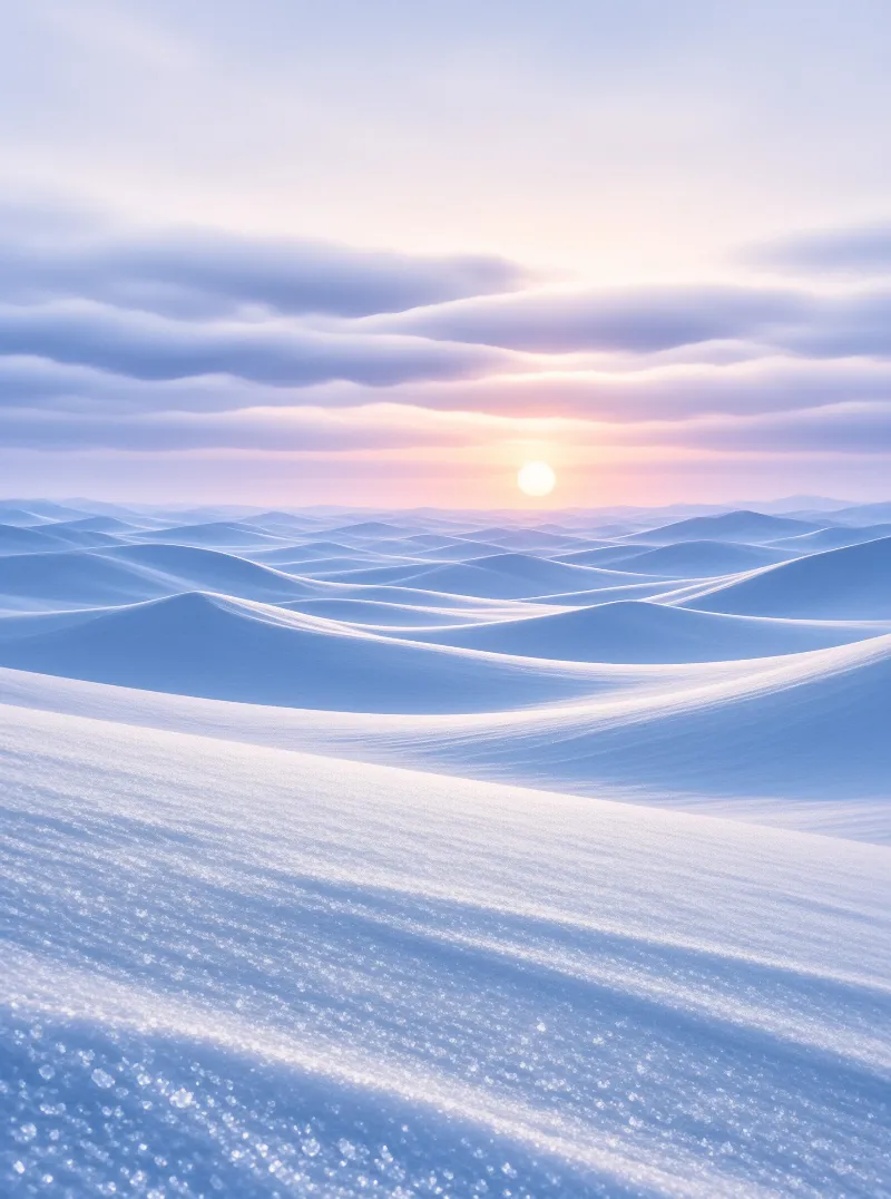 Smooth pale blue snowy hills stretch to the horizon under a soft pastel dawn sky with a low pale sun visible at the center.