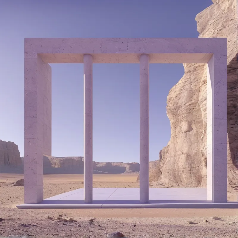 A pale concrete frame with slender columns stands on a platform before sunlit sandstone cliffs.