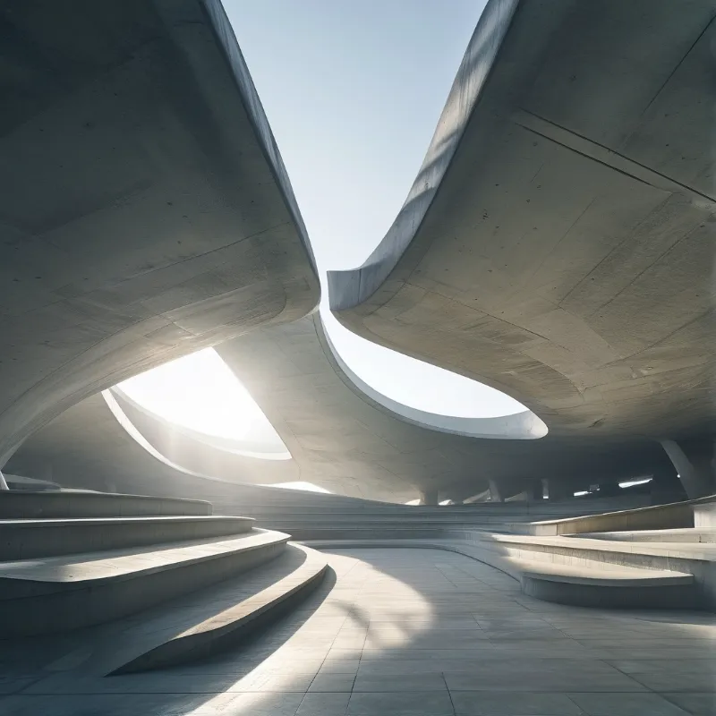 Sunlight streams through openings in a grey concrete structure with curved overhead beams and tiered steps.