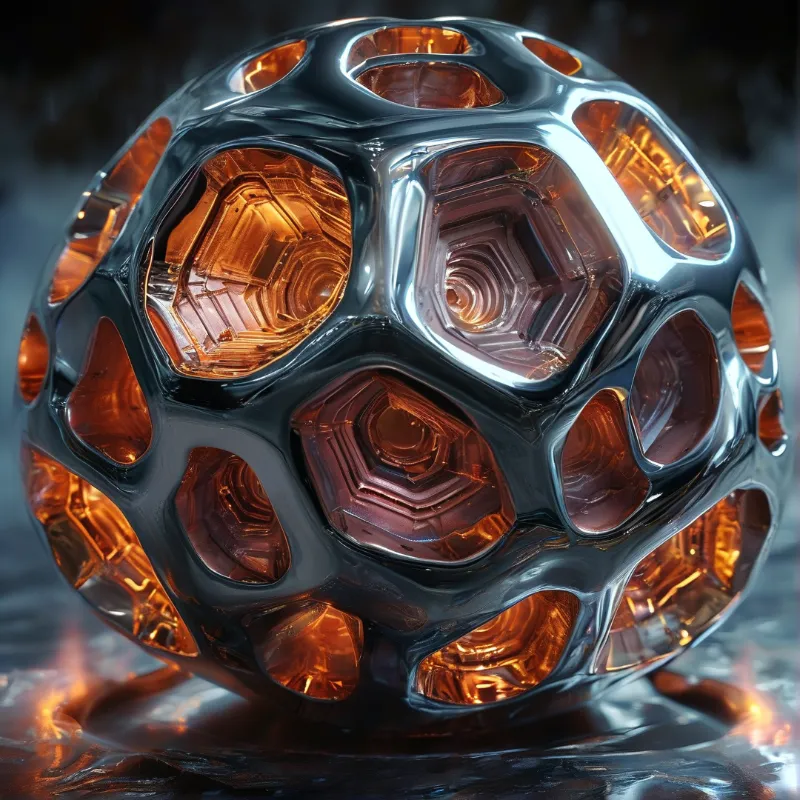 A reflective metallic sphere displays recessed panels emitting bright orange light against a dark blurred background.