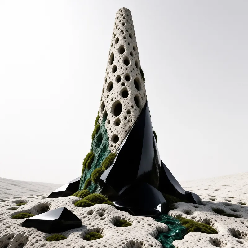A tall porous cone covered in moss rises from a white sandy terrain under bright sky light with black geometric shapes at its base.