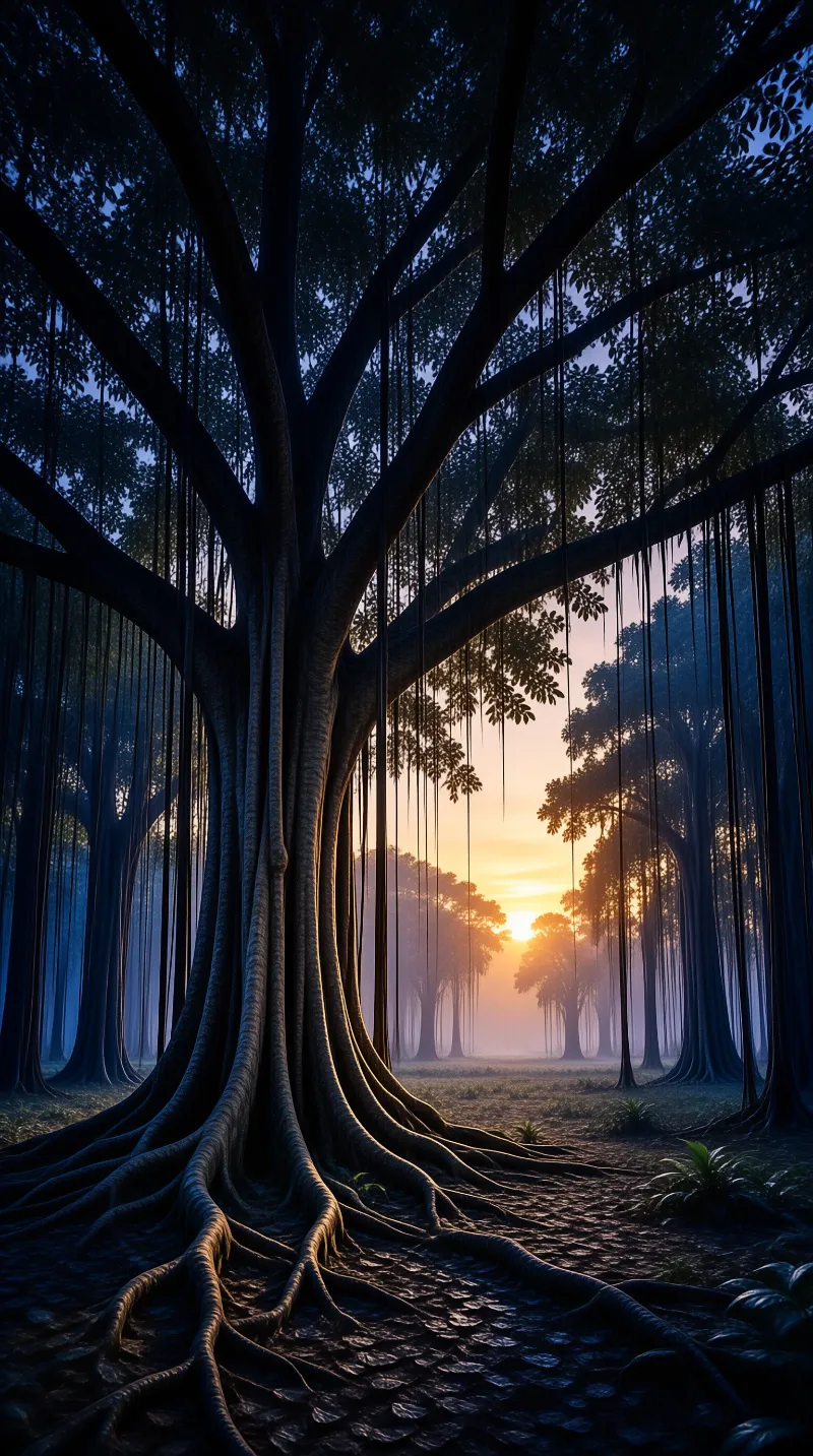 Misty Dawn Forest Banyan Roots