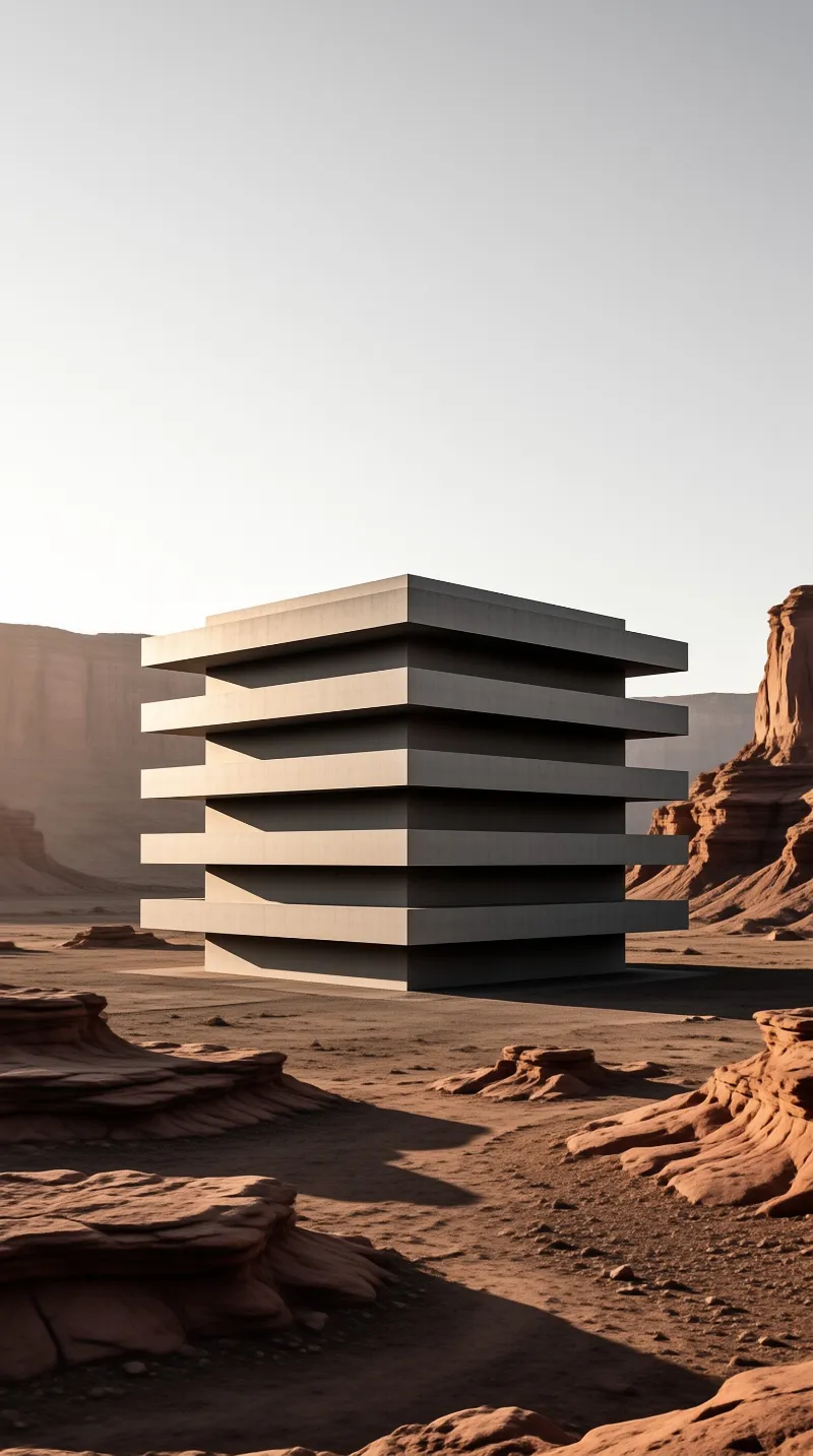 A minimalist tower of stacked horizontal concrete slabs stands alone among red rock formations under a pale sky.