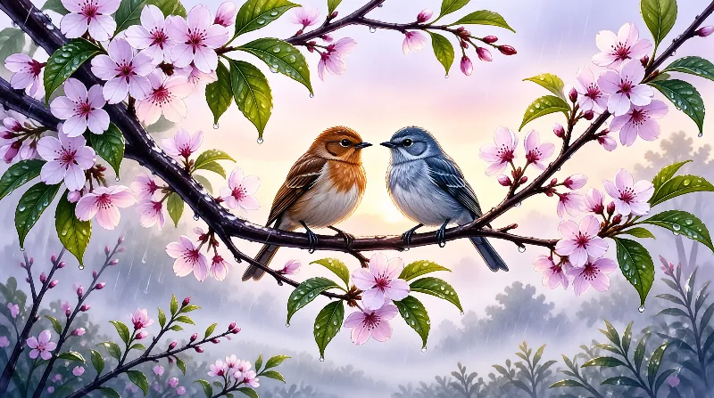 Two small songbirds face each other on a wooden branch amidst pink petals and glistening green foliage in soft light.