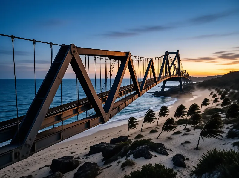 A massive steel truss bridge extends over a sandy shore during a vibrant sunset.
