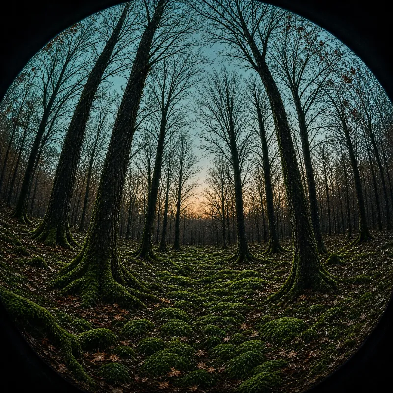 A forest with tall bare trees and moss-covered ground under a blue hour sky, with soft sunset light visible in the distance