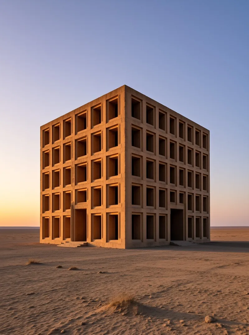 A massive cubic concrete structure with deep recesses stands isolated in a sandy desert under warm sunset light.