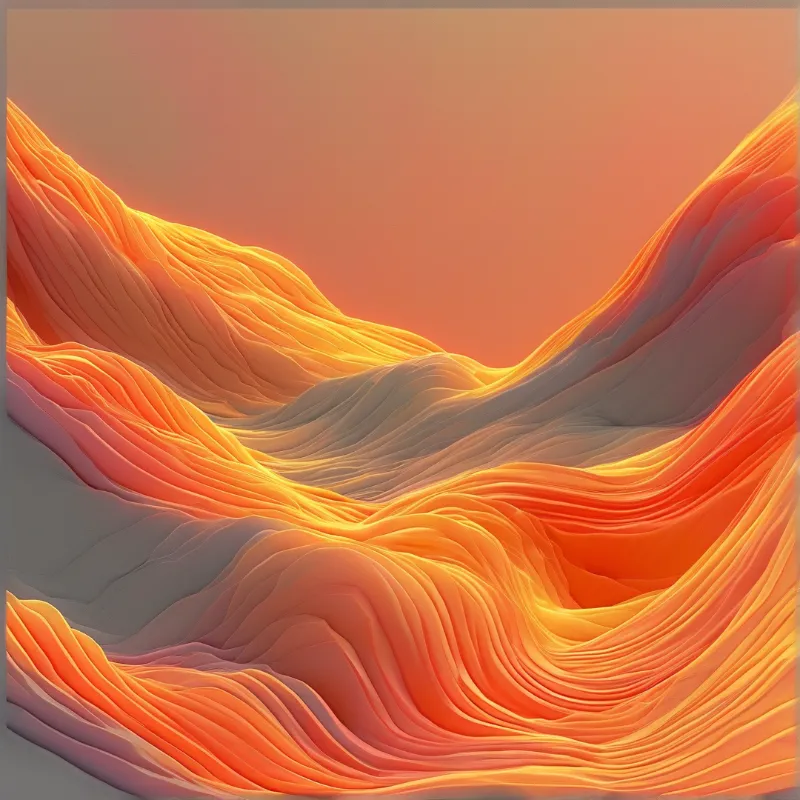 Undulating layers of orange and grey rock formations create a wave-like pattern across a sunlit valley landscape.