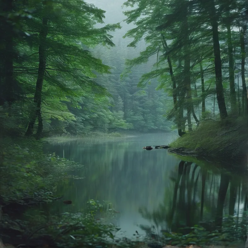 A serene forest lake surrounded by tall pine trees with fog rising above the calm water reflecting the greenery.