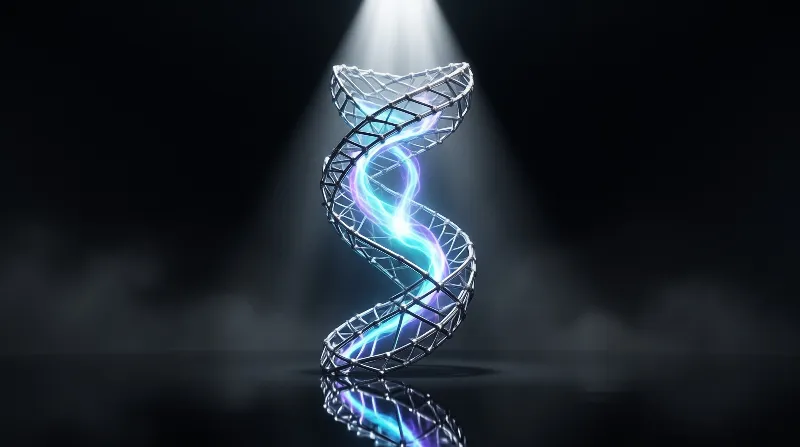 A silver wireframe DNA structure floats above a reflective surface while emitting blue and purple energy under a spotlight.