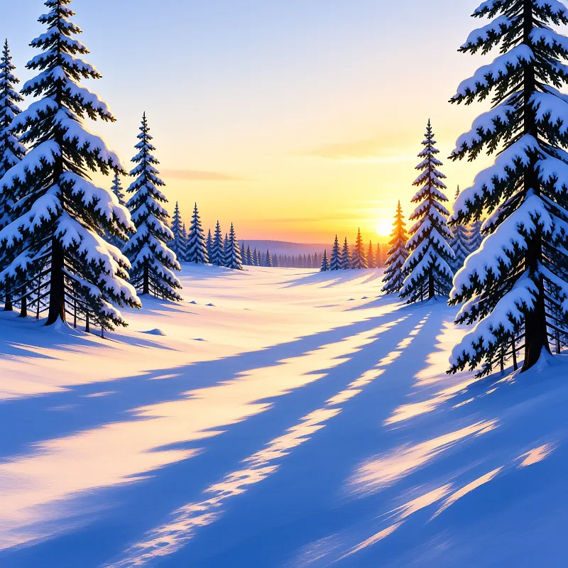 Snow blanketed evergreen trees frame a valley bathed in warm orange light from the rising sun.