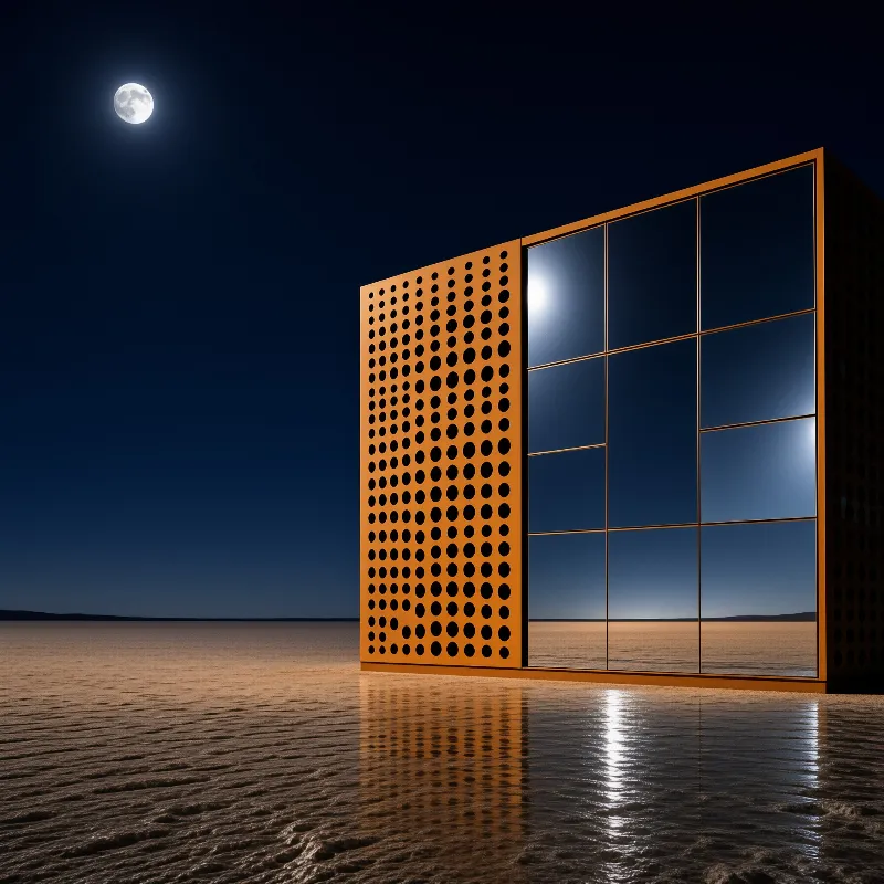 A solitary orange perforated building with glass panels stands on a flat desert plain under a bright full moon.