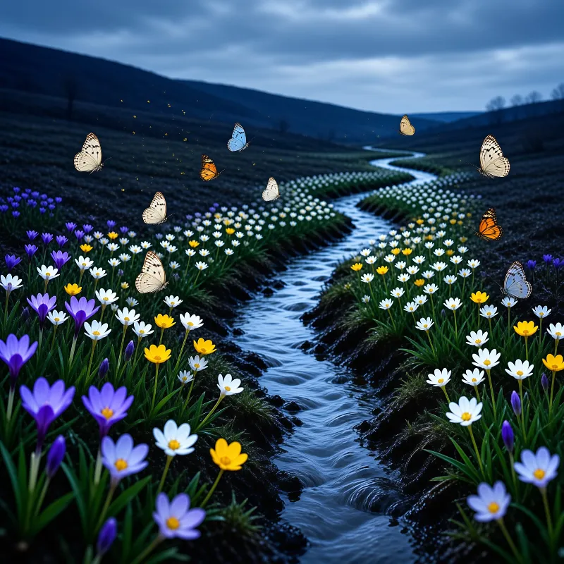 Colorful butterflies fly above a winding stream lined with purple, yellow, and white flowers in a dim valley.
