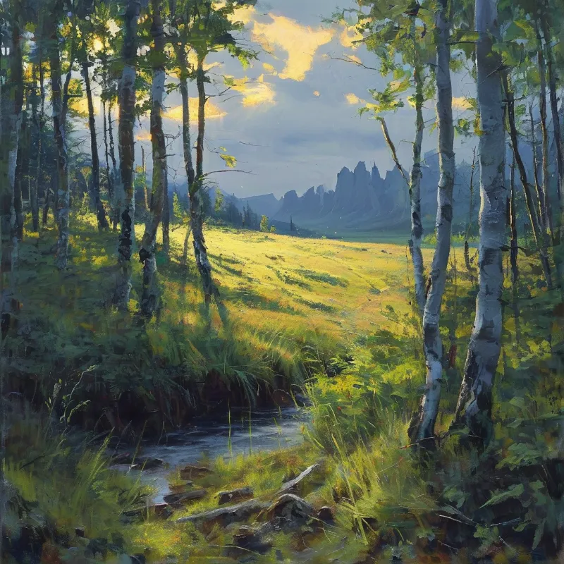 Sunlit birch trees frame a golden meadow with a stream in the foreground and jagged blue mountains beneath clouds