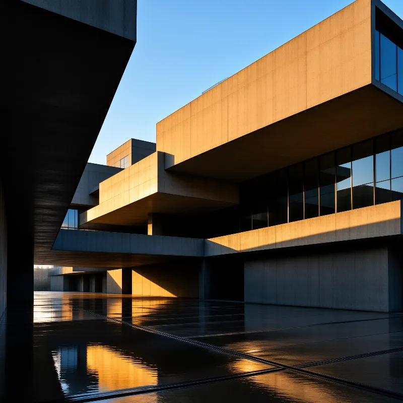 Concrete architecture with overhangs casts shadows on a wet plaza reflecting warm golden sunlight against a clear sky.