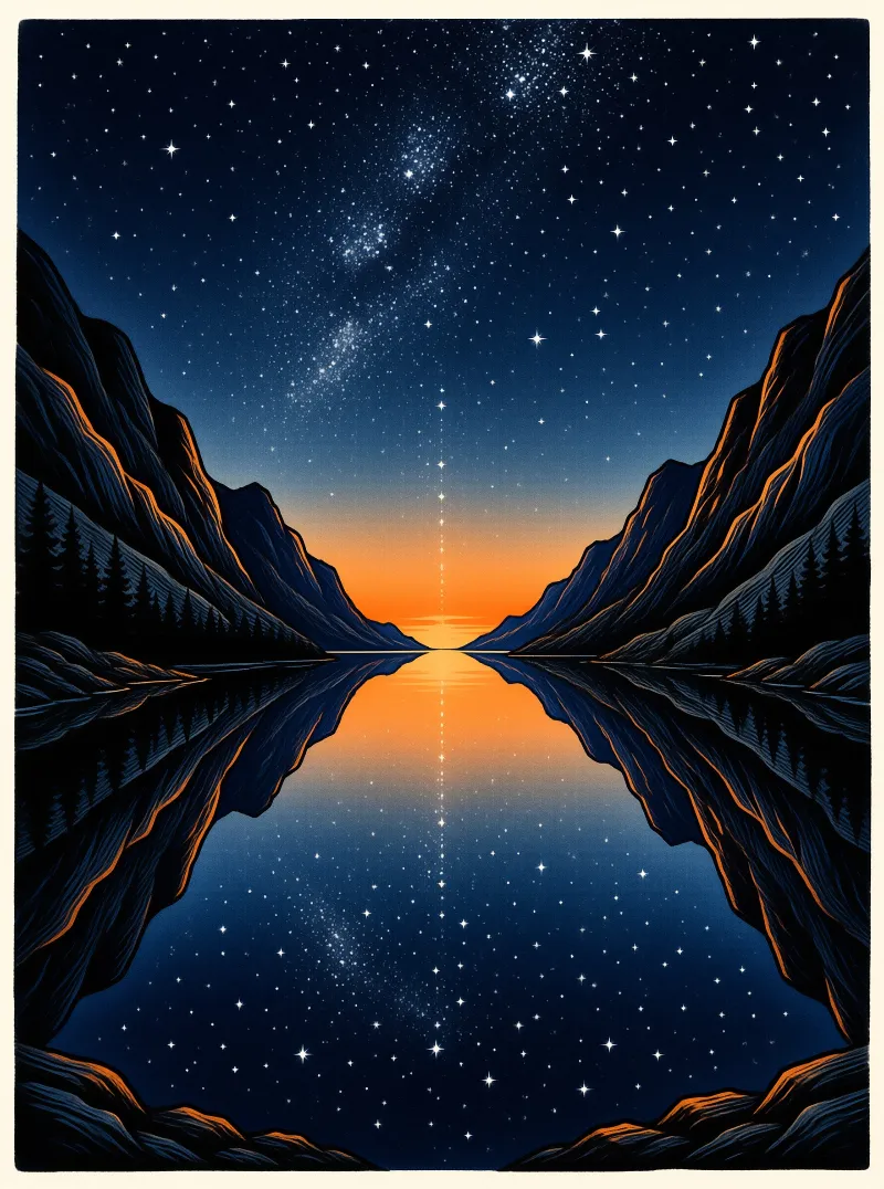 Dark cliffs frame a glowing horizon where a ribbon of stars mirrors perfectly in the glassy lake below.