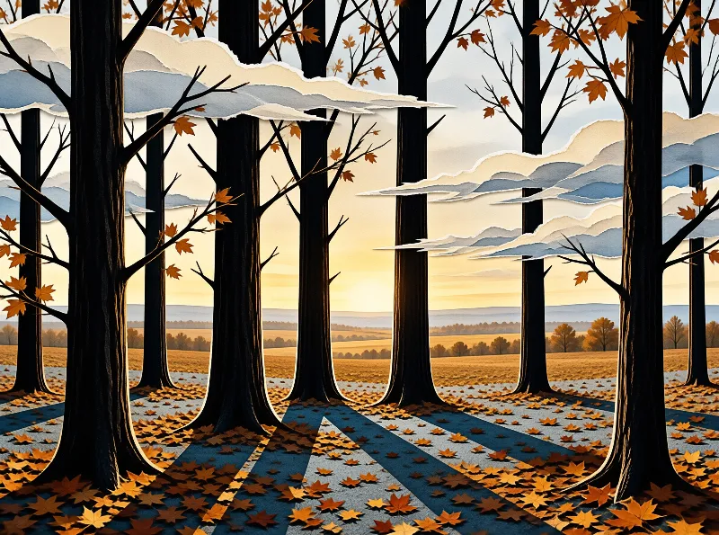A stylized cut paper landscape shows tall dark poplars standing along a frost scattered path under warm sunset light.