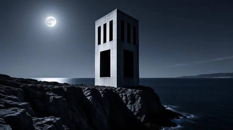 A tall concrete building with large openings stands alone on jagged rocks beside the sea under a bright full moon.