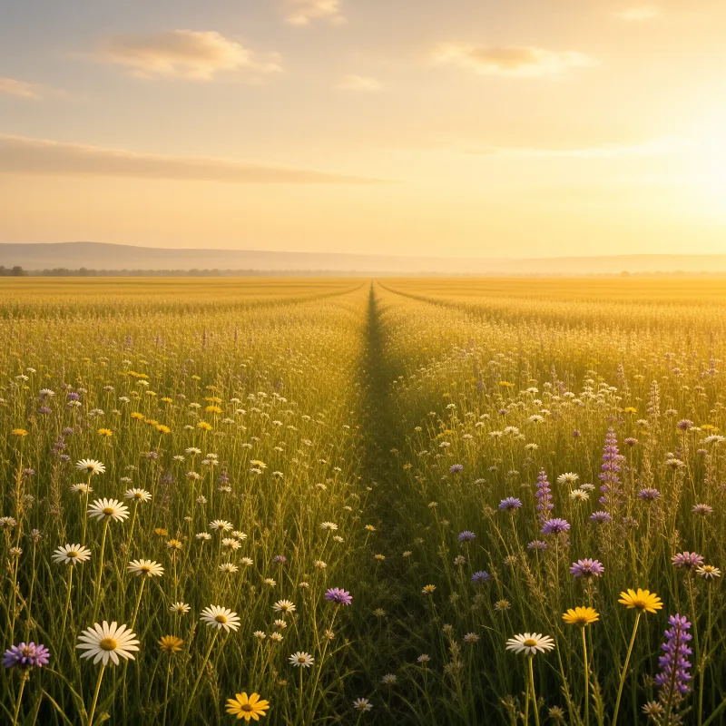 Wildflowers and crops surround a central dirt path leading to the horizon under a bright golden sunset sky.