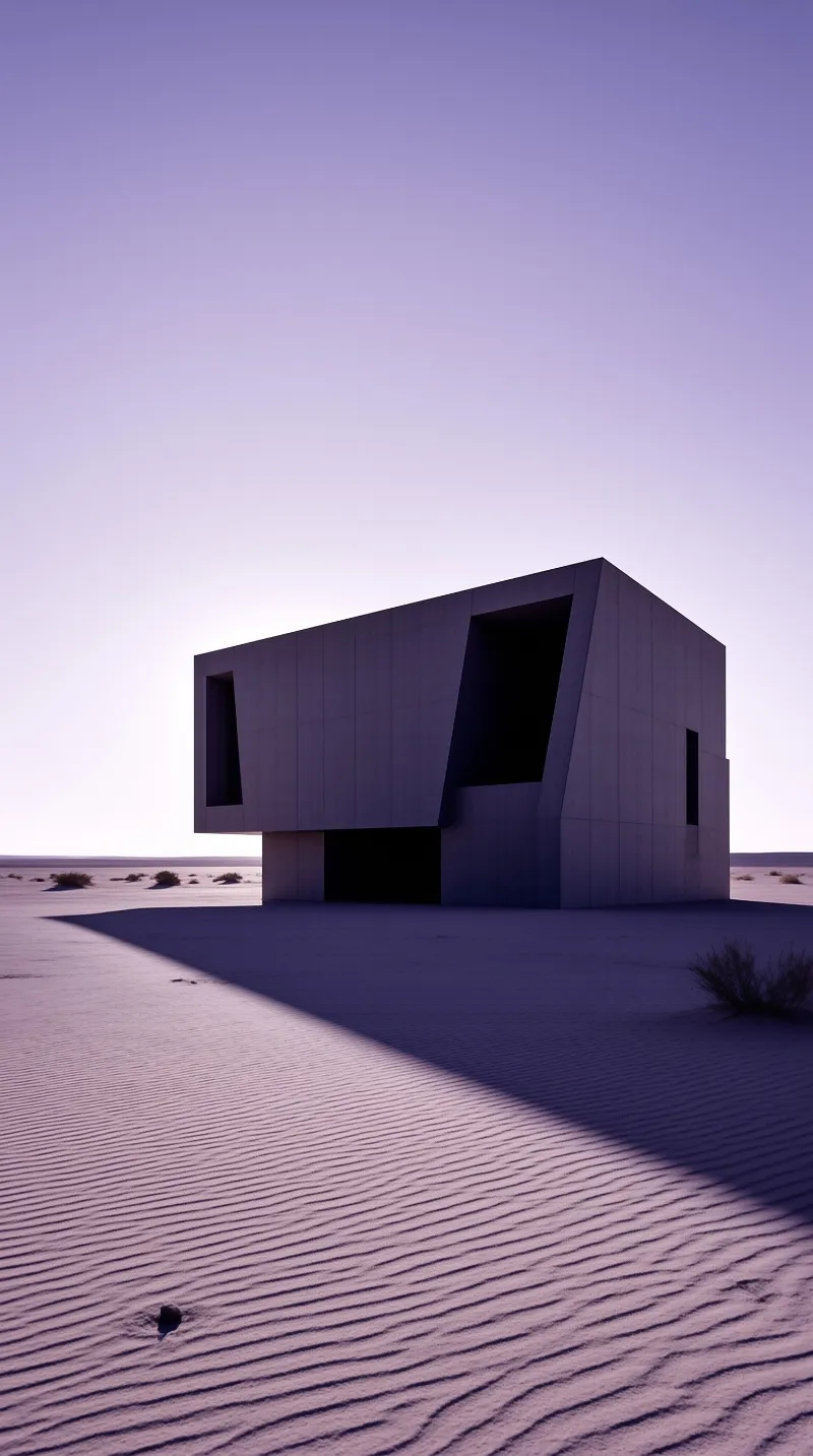 A stark geometric concrete structure casts a long shadow across wind-patterned sand under a soft lavender sky.