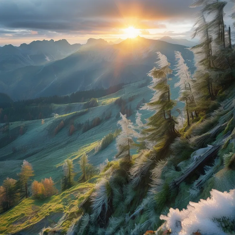 Golden sun rays shine over a mountain range with frosty pine trees on the right slope.