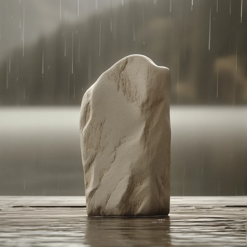 A weathered beige monolith stone stands upright on a rain-soaked wooden surface beneath falling water with a soft foggy background