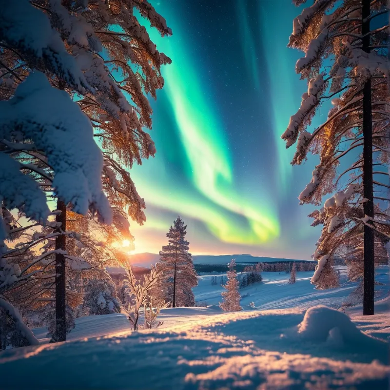 Aurora over Snowy Forest