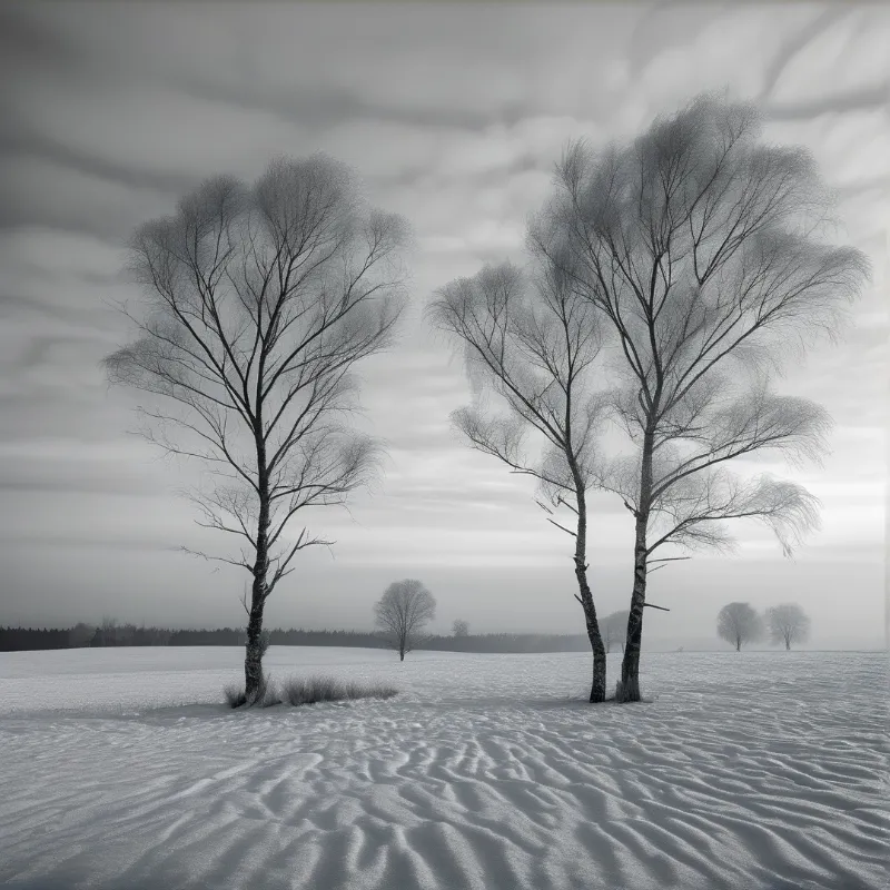 A black and white view of bare trees standing in a wind-swept snowy field beneath a cloudy sky.