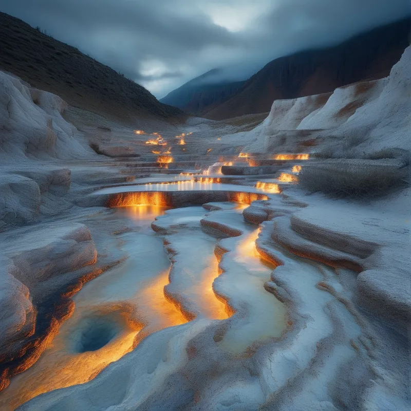 Sunlit mineral terraces cascade through a snow dusted valley beneath low storm clouds and dark ridges.