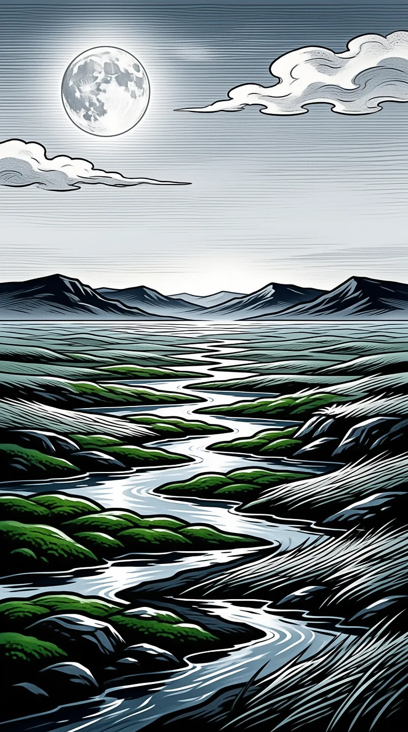 A stylized illustration shows a river snaking through a green valley with mountains in the background under a bright moon.