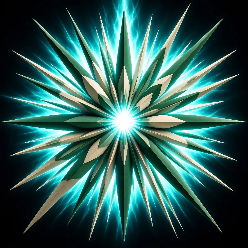 A symmetrical cluster of sharp pale angular crystal spikes radiates from a bright white core framed by glowing cyan lightning on black