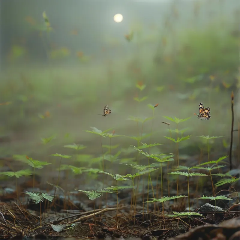 Two monarch butterflies hover above tender fern shoots in a foggy forest, with a soft sun glowing in the hazy blurred background.