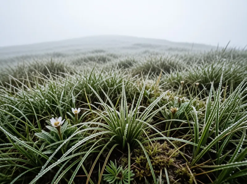 Tiny white wildflowers bloom among frosty green grass blades beneath a hazy gray sky.