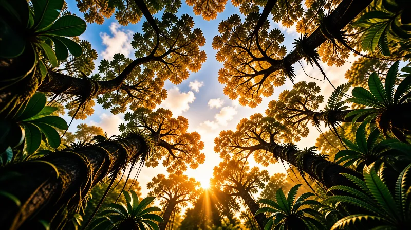 Trunks lean inward from every edge toward a bright opening where low sun bursts through a canopy of golden leaves