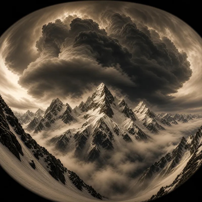 A fisheye view of snow-covered mountain peaks surrounded by thick storm clouds and misty fog