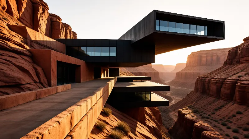 A geometric black structure protrudes from a red sandstone cliff overlooking a vast canyon in warm light.