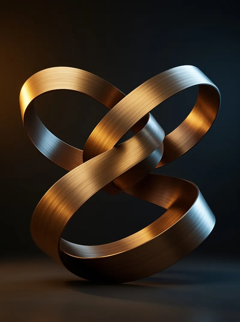 A twisted metallic ribbon forms an interlocking loop with golden highlights and silver shadows on a dark background.