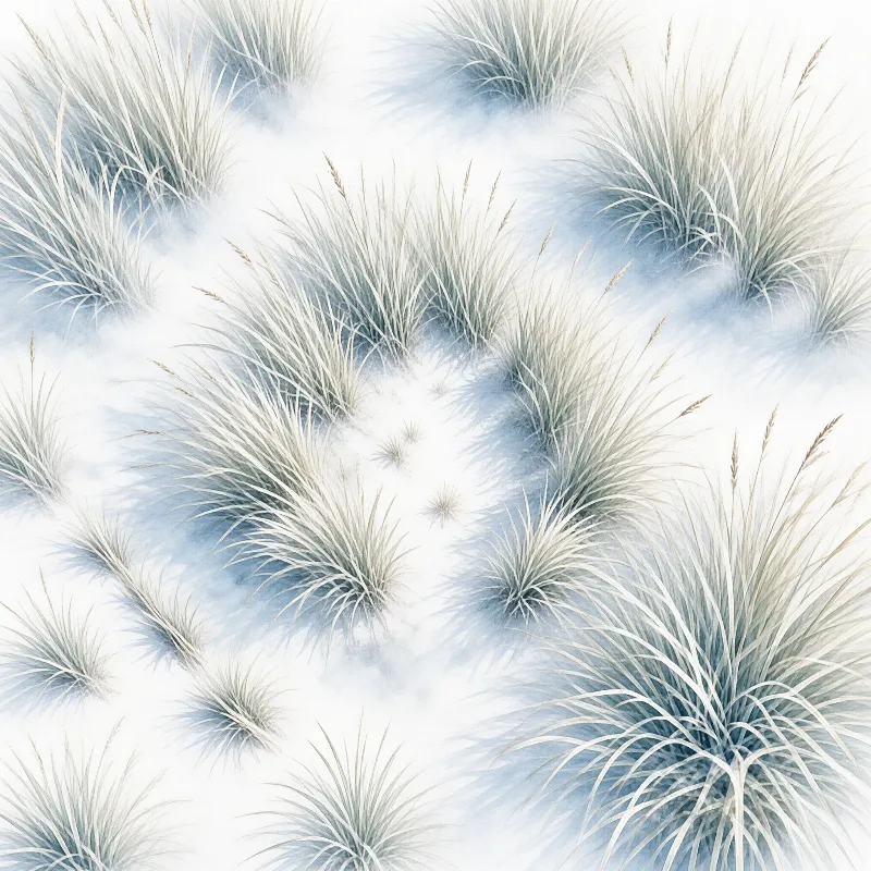 Clusters of pale dry grass grow from a white surface while soft blue shadows fill the spaces between them