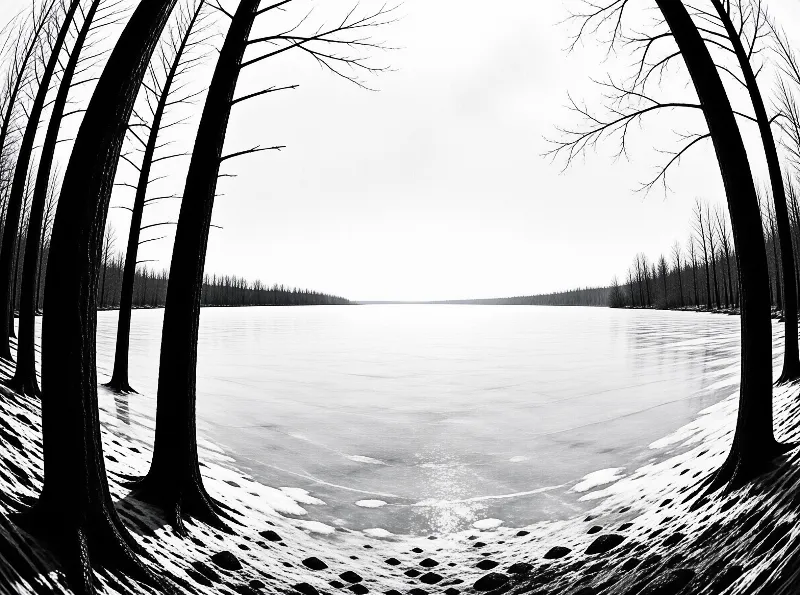 A black and white photo shows tall bare trees curving along the edge of a wide frozen lake covered in snow.