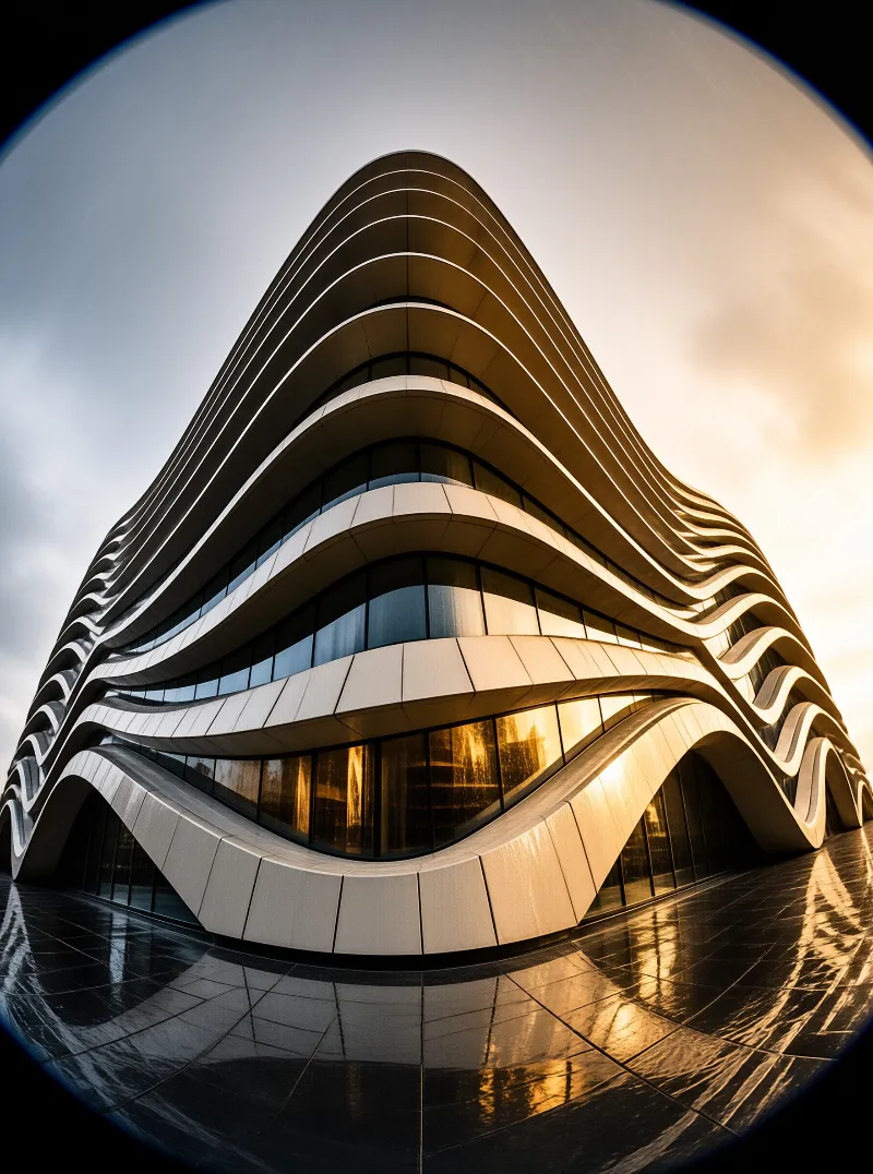 A futuristic building with wavy white panels and glass windows reflects the sky and golden light.
