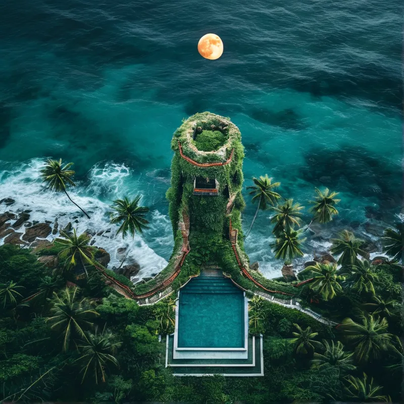 A tall greenery covered structure stands on a rocky island with a swimming pool below and a bright moon in the sky.