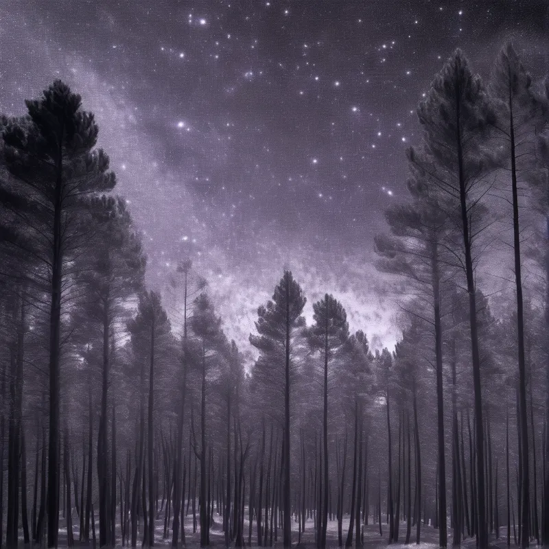 Tall dark pine trees stand vertically against a vast purple sky filled with stars and nebula clouds.