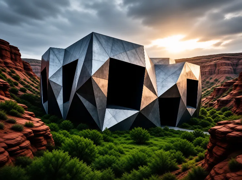 A large faceted metal building sits centrally in a valley surrounded by steep red rock cliffs and lush green vegetation while warm sunset light illuminates the right side of the structure against a cloudy sky.