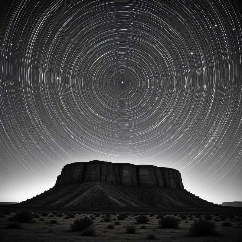 A massive flat-topped rock formation rises from the desert floor as a dark shape against a luminous sky where stars have traced concentric white rings. The lower ground is dotted with small shrubs, contrasting with the sweeping motion of the celestial bodies above in this monochrome scene.