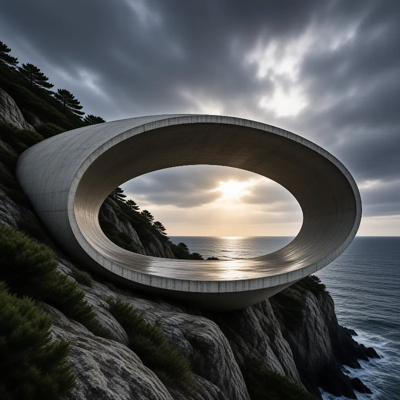 Concrete arch structure built into a rocky cliff frames the ocean and setting sun through its circular opening.